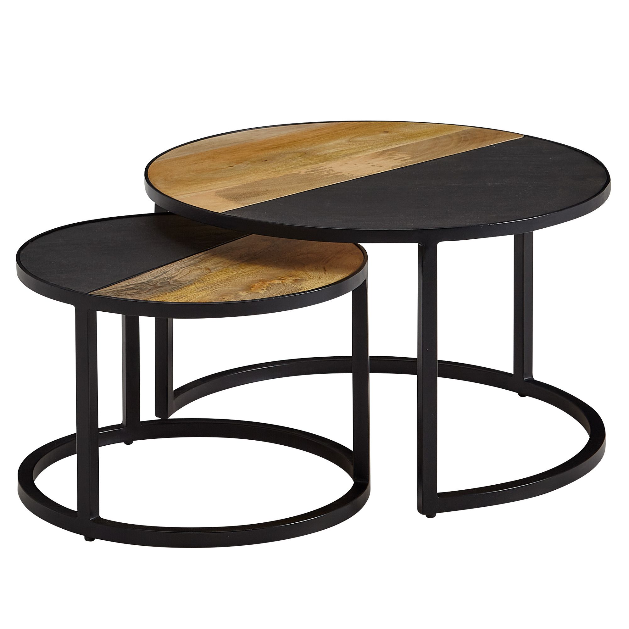 2-Piece Coffee Table Set Mango Solid Wood / Stone Look | 60/44x36/31 cm | Modern Round Side Tables
