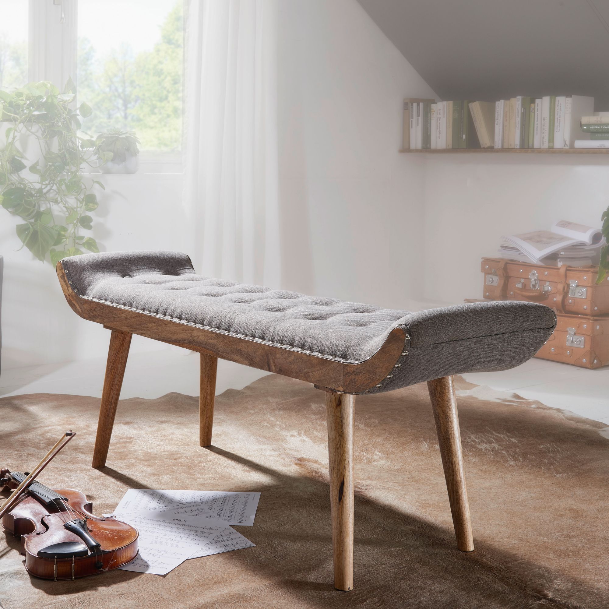 Bench fabric / solid wood bench gray 125x51x38 cm chesterfield design