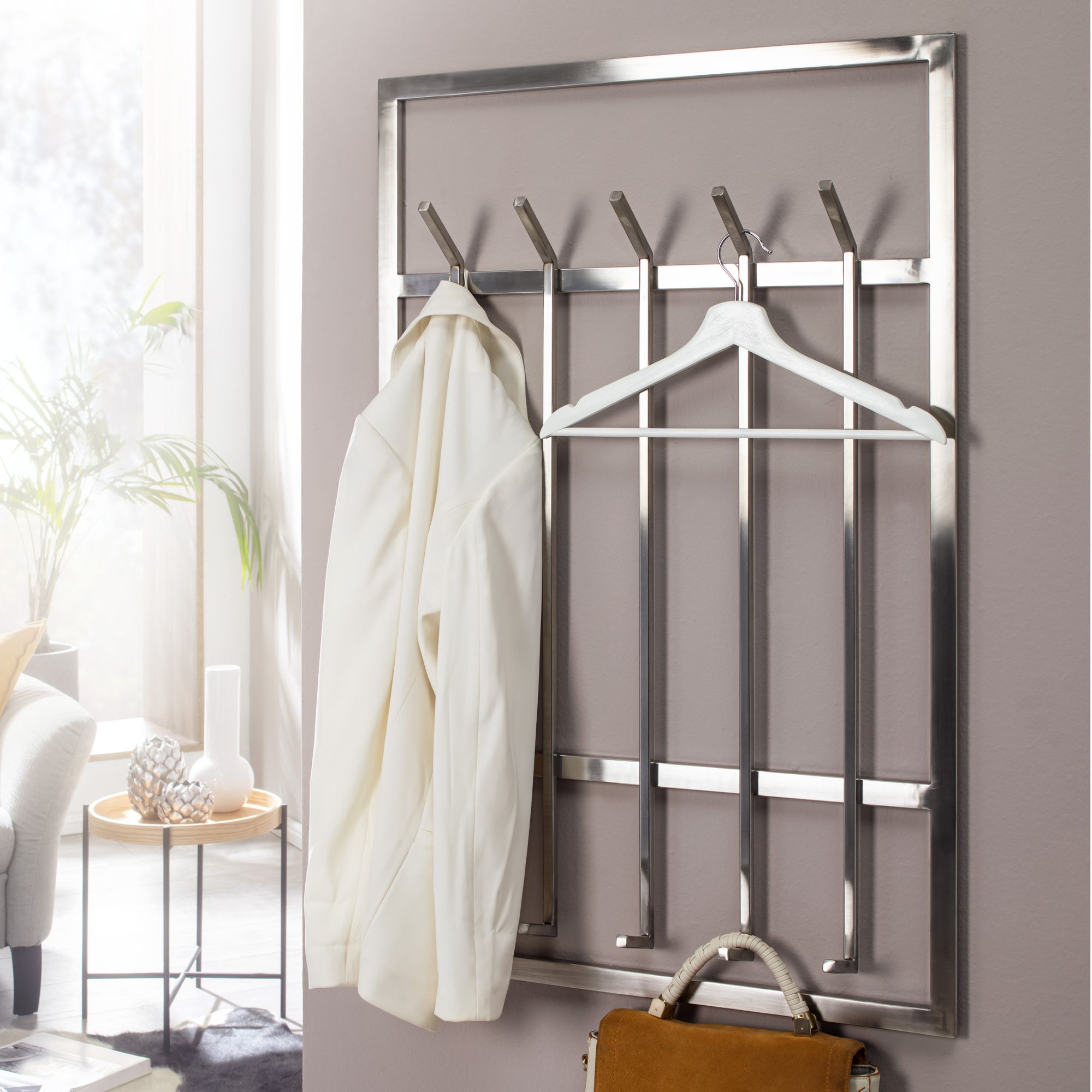 Wall coat rack metal silver 60x100x7.5 cm design hallway coat rack steel
