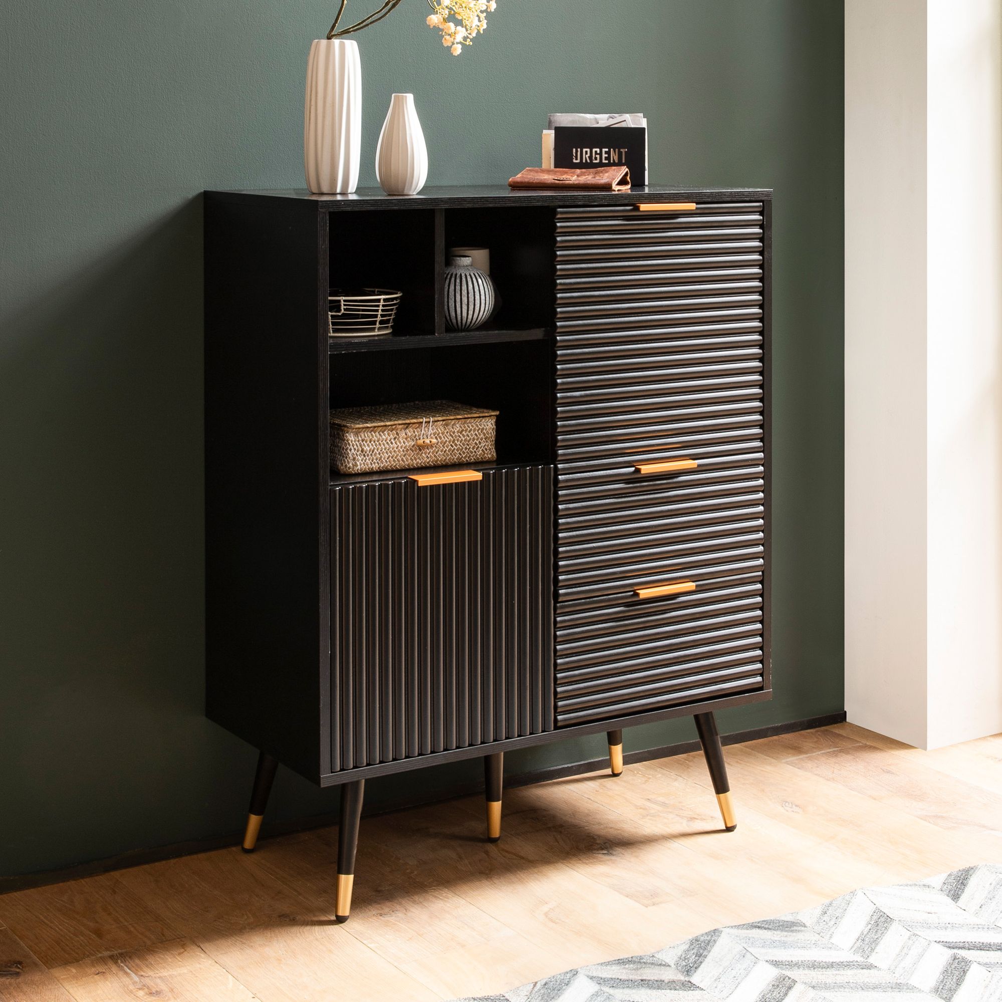 Black Sideboard with Oak Decor | 77x97x40 cm | Doors, Drawers & Metal Legs