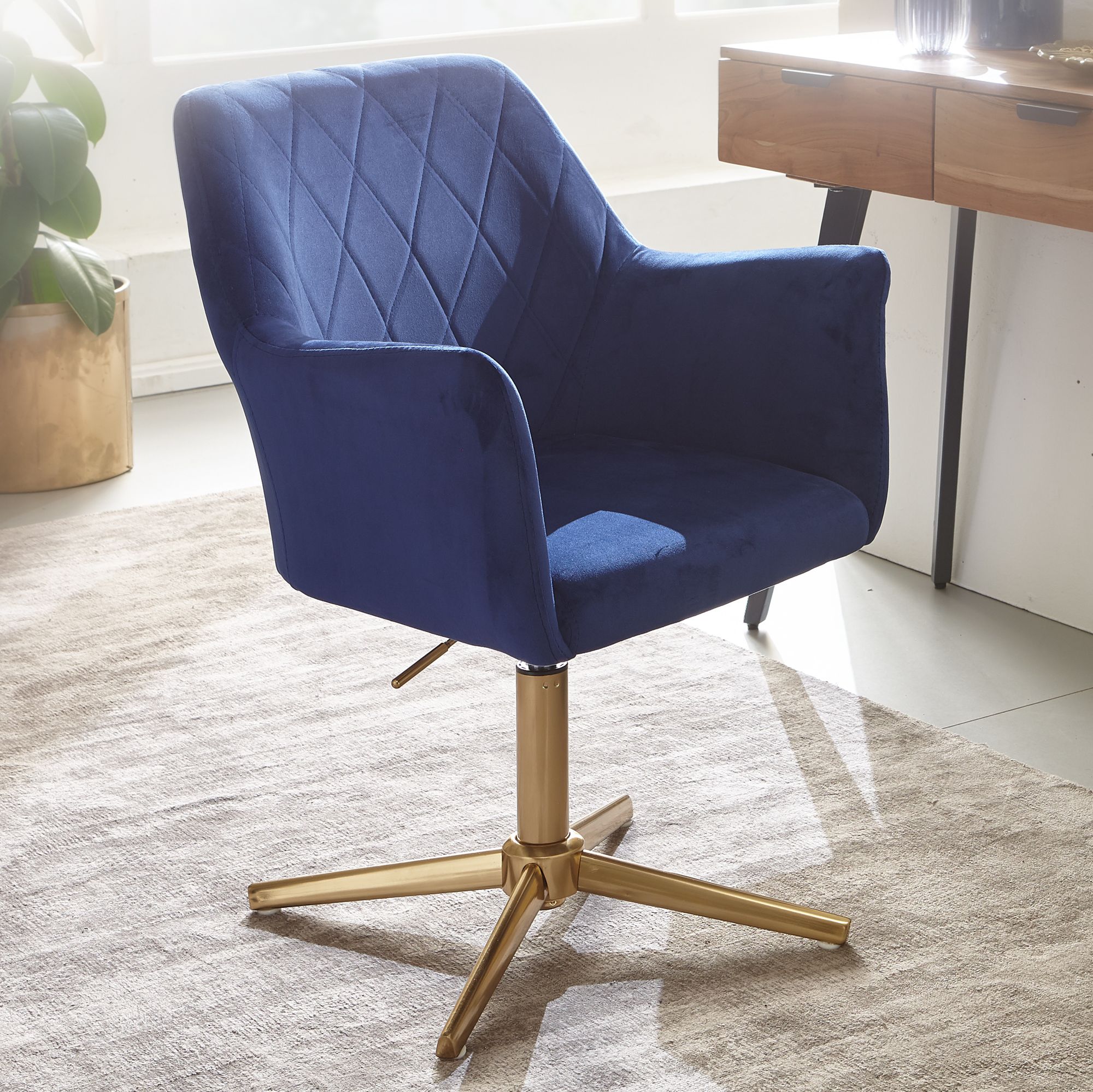 Dark Blue Velvet Office Chair | Gold Metal Frame | Adjustable Height 80-97 cm
