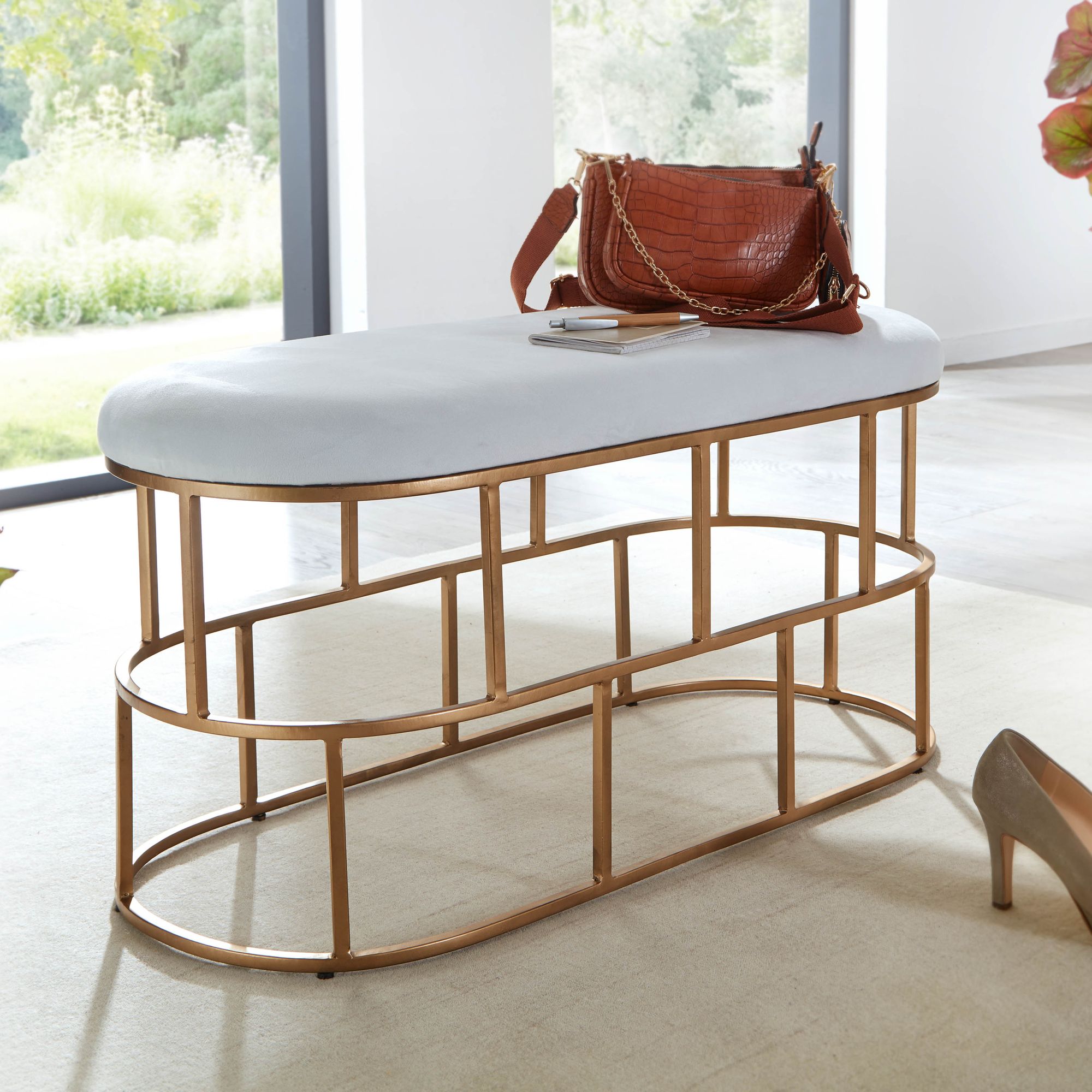 Bench velvet white / gold 90x46x38 cm hallway upholstered bench with metal frame