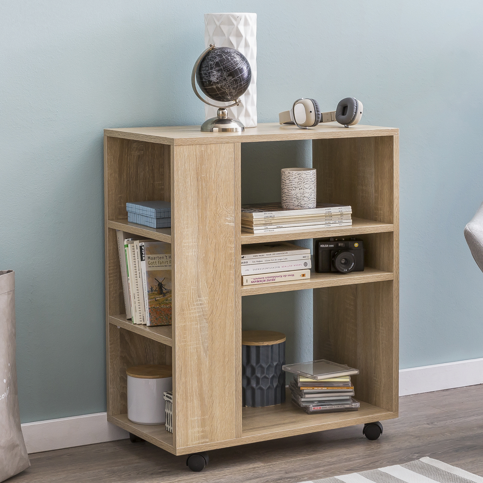 Shelf wl5.695 sonoma 60x35x75 cm shelf trolley with wheels wood, narrow kitchen shelf, telephone table trolley modern, book shelf narrow standing container high