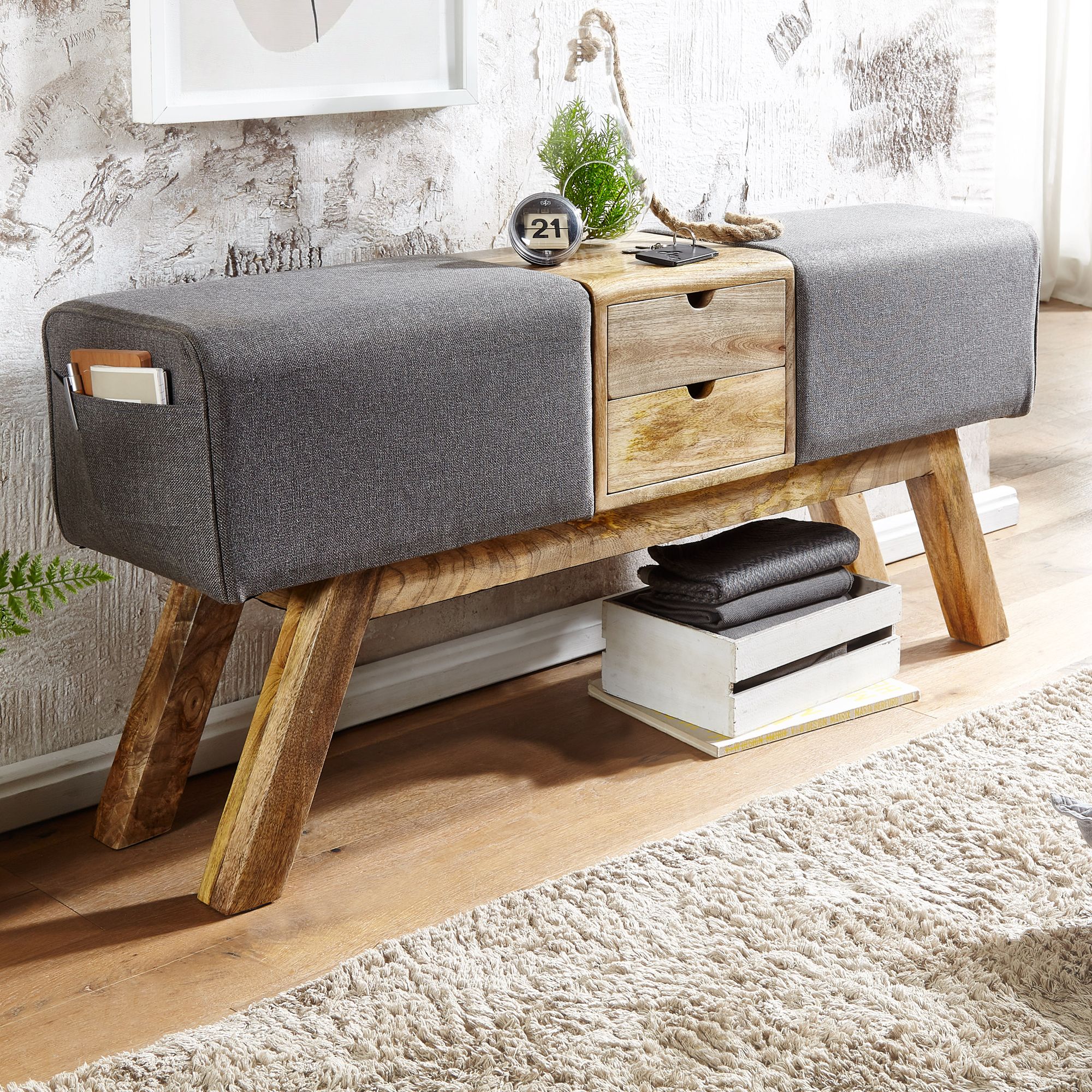 Design turnbock bench gray with drawers 120x56x30 cm