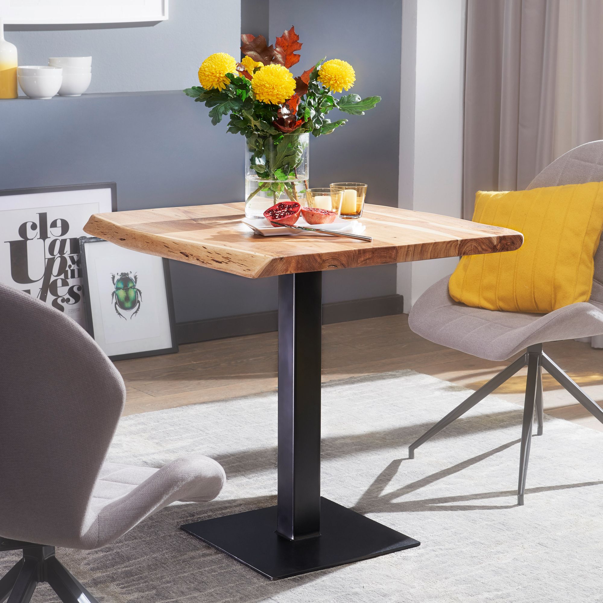 Solid Acacia Wood Dining Table with Natural Edge | Brown and Black Colors | 80 x 75 x 75 cm