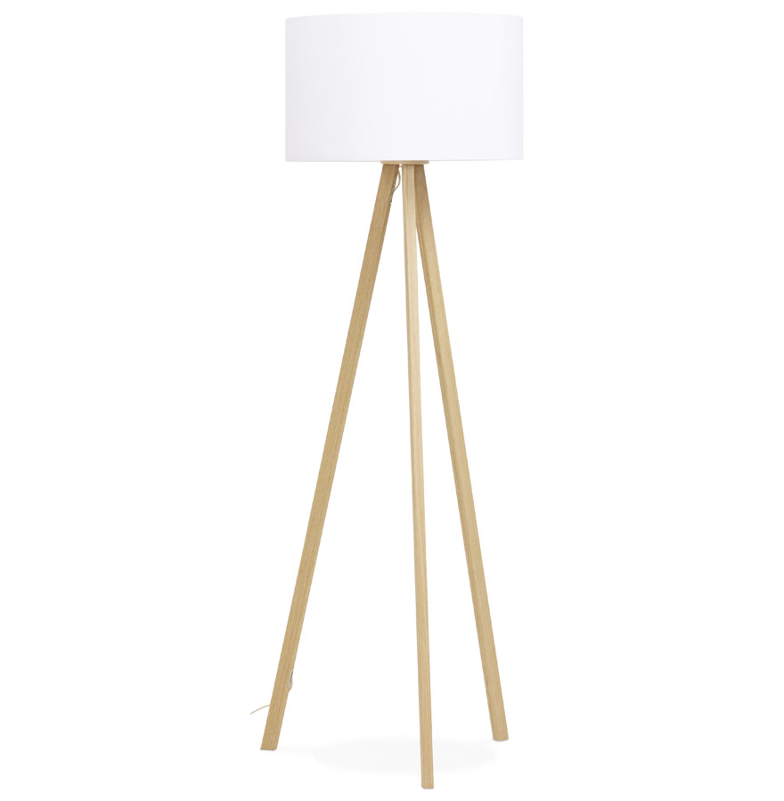 Tripod floor lamp 'SPRING' with white shade and 3 natural feet