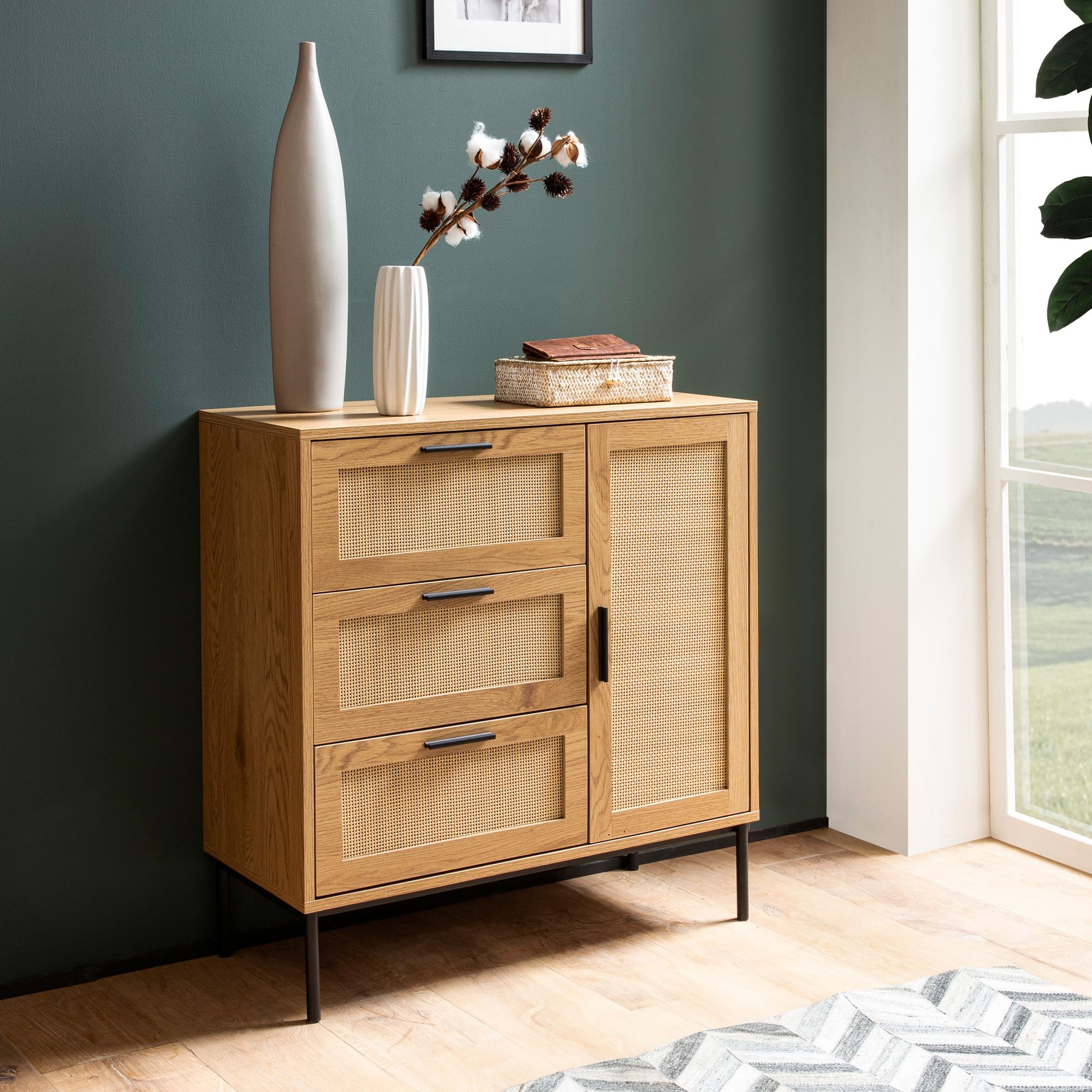 Chest of drawers 80x82x36 cm hallway chest of drawers oak decor & rattan, sideboard with three drawers and door, chest of drawers modern, standing cupboard sideboard chest of drawers