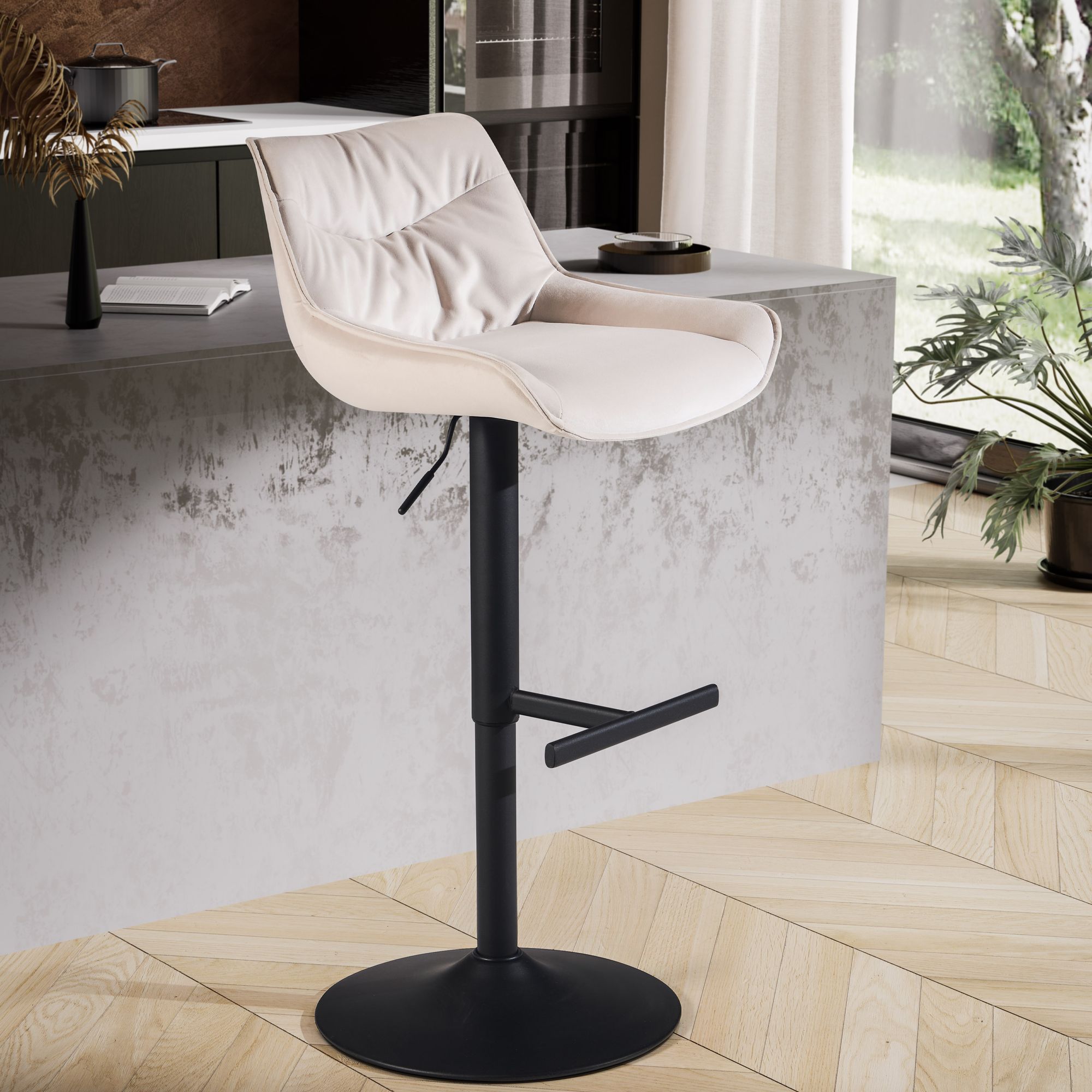 Bar Stool Velvet Beige | Stool with Backrest | Adjustable Height 86 - 106 cm
