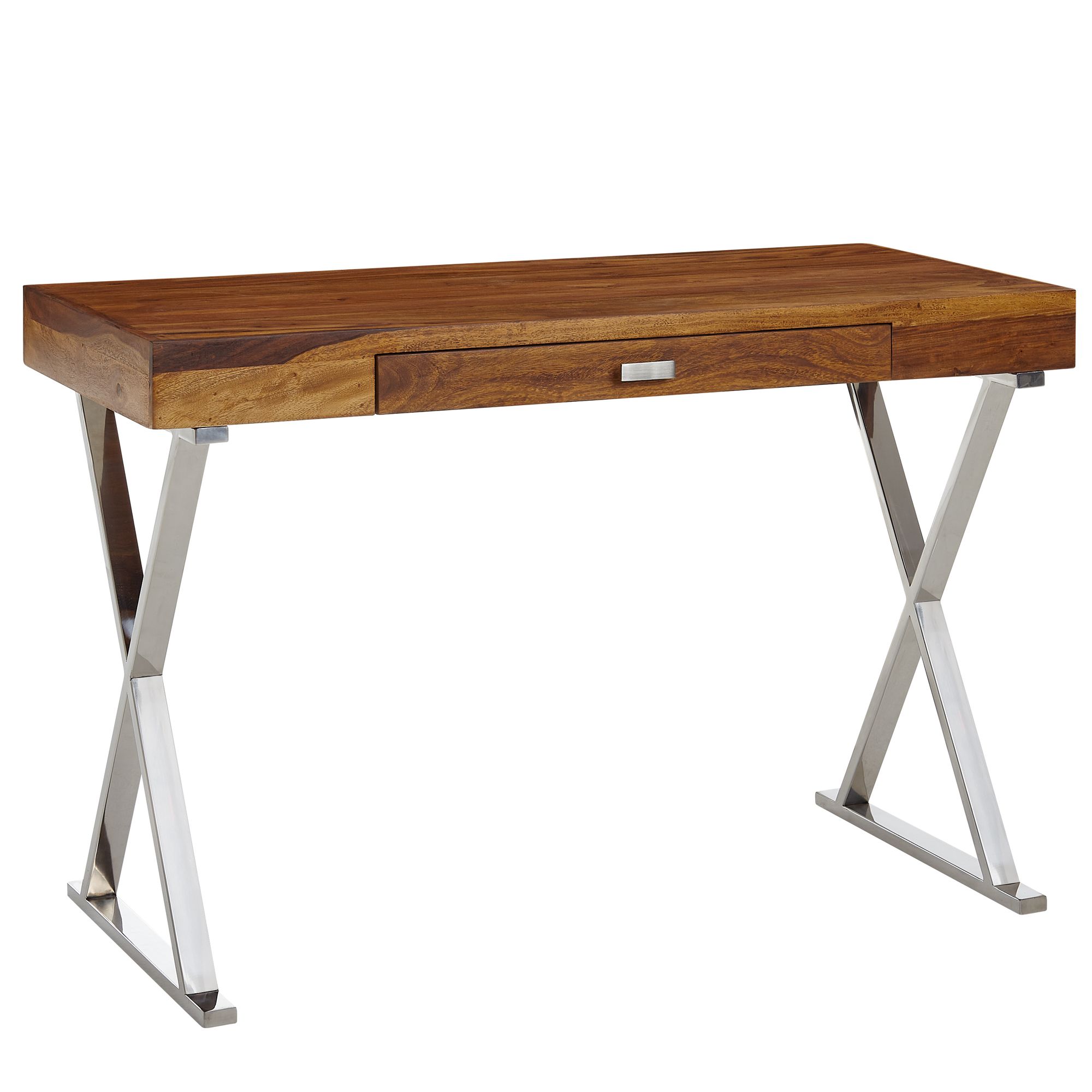 Desk 120x55x78 cm | Solid Sheesham Wood & Chrome Metal | Modern Design with Drawer | Dark Brown & Chrome