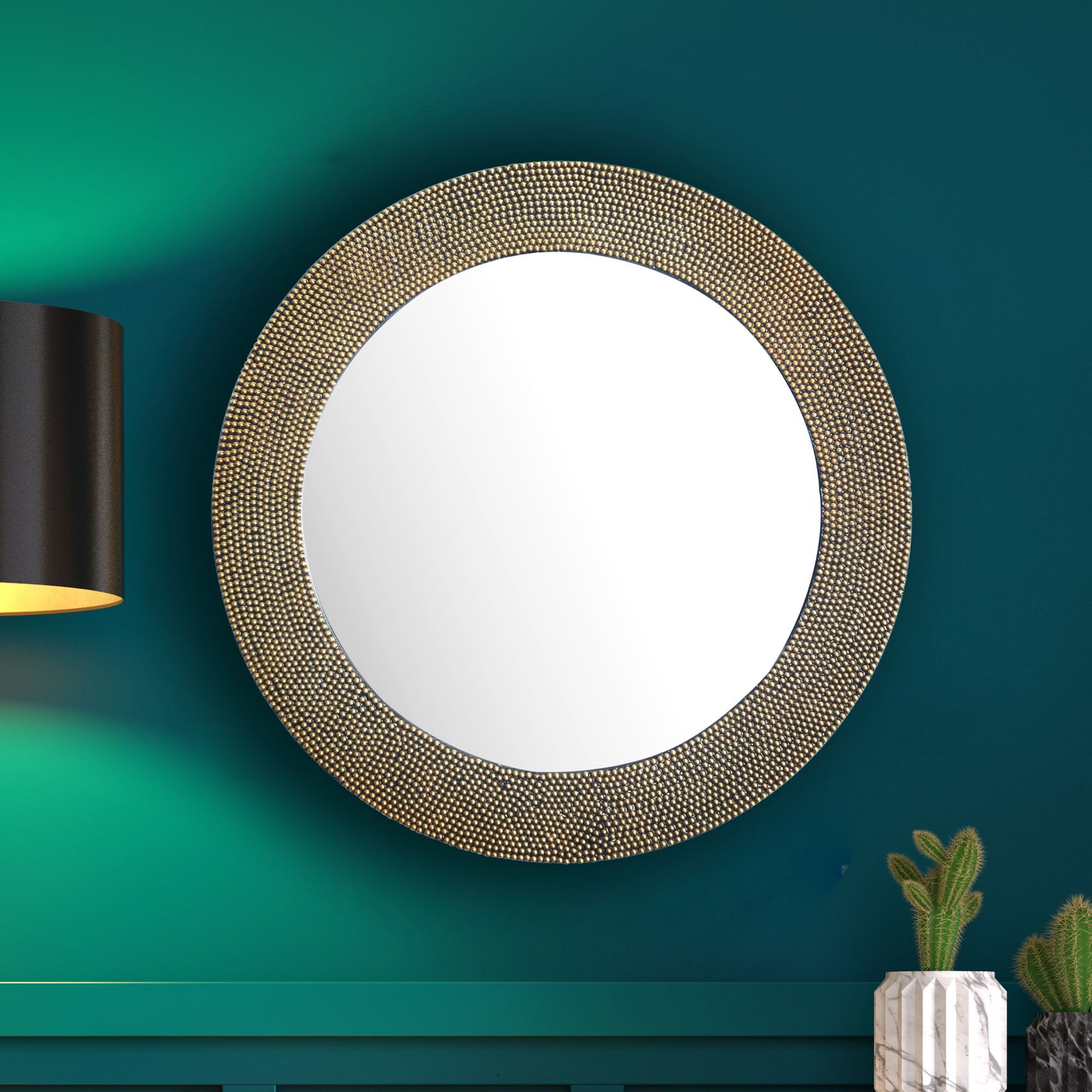 60 cm Round Wall Mirror Gold Metal Aluminum Beaded Frame Design | Modern Decor