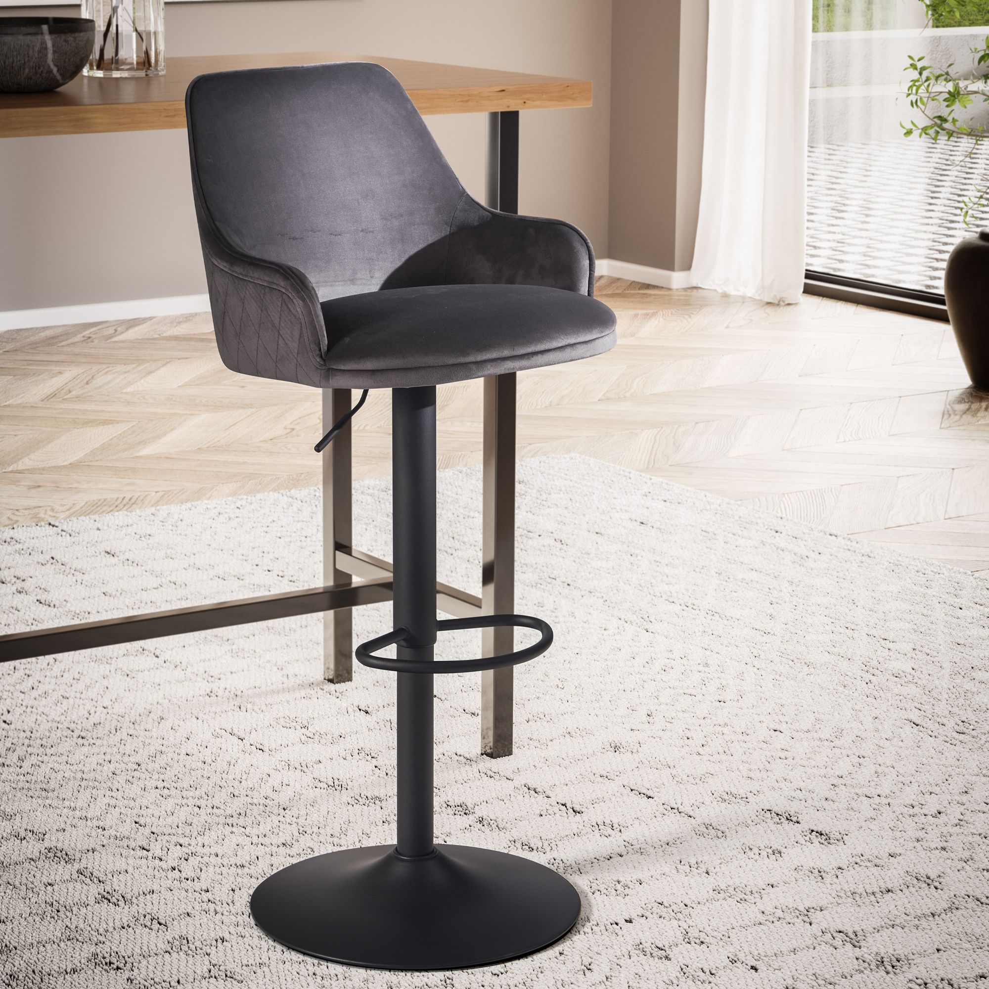 Bar Stool Velvet Gray | Stool with Backrest and Armrests | Adjustable Height 86 - 106 cm