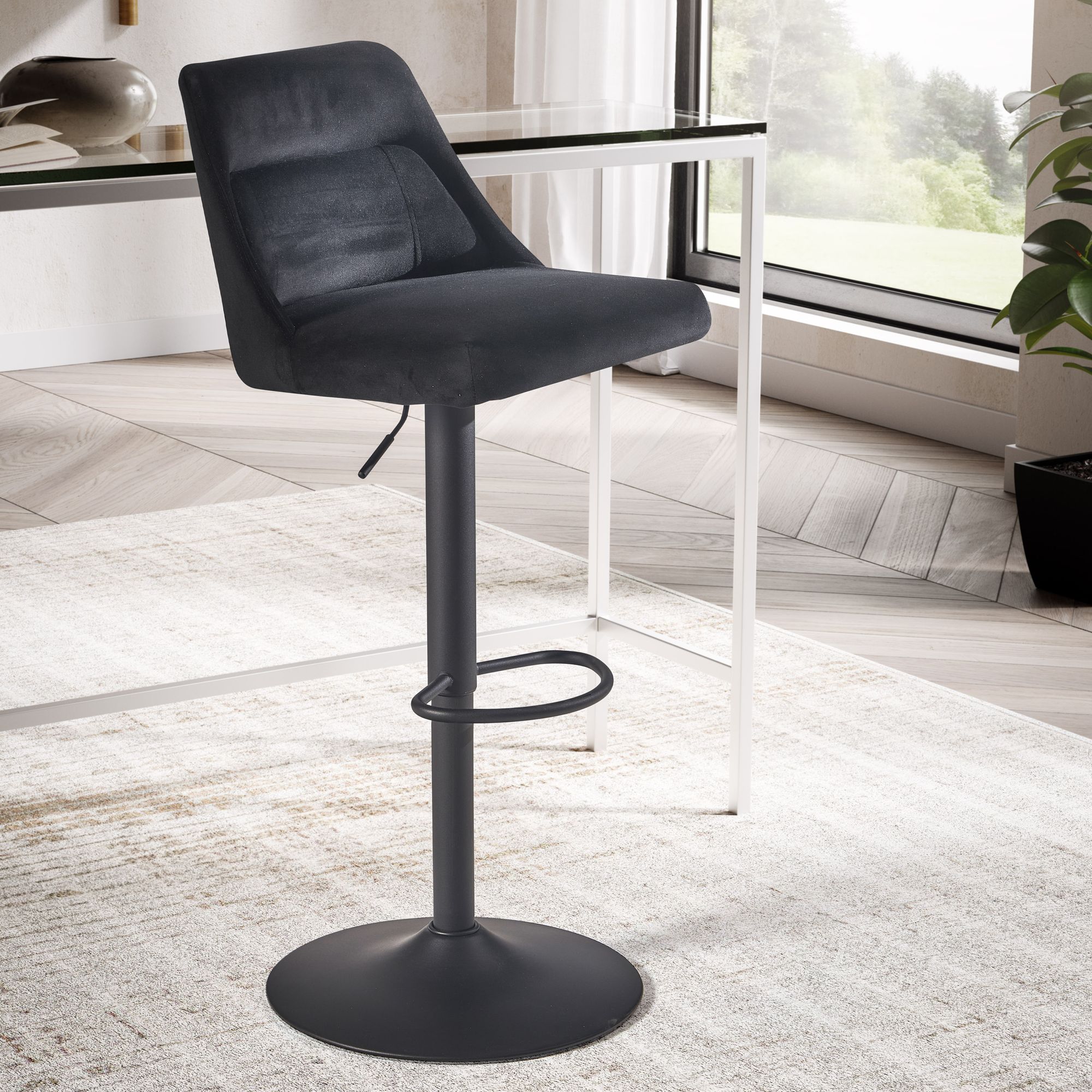Bar Stool Black Velvet | Backrest | Height Adjustable 86-106 cm