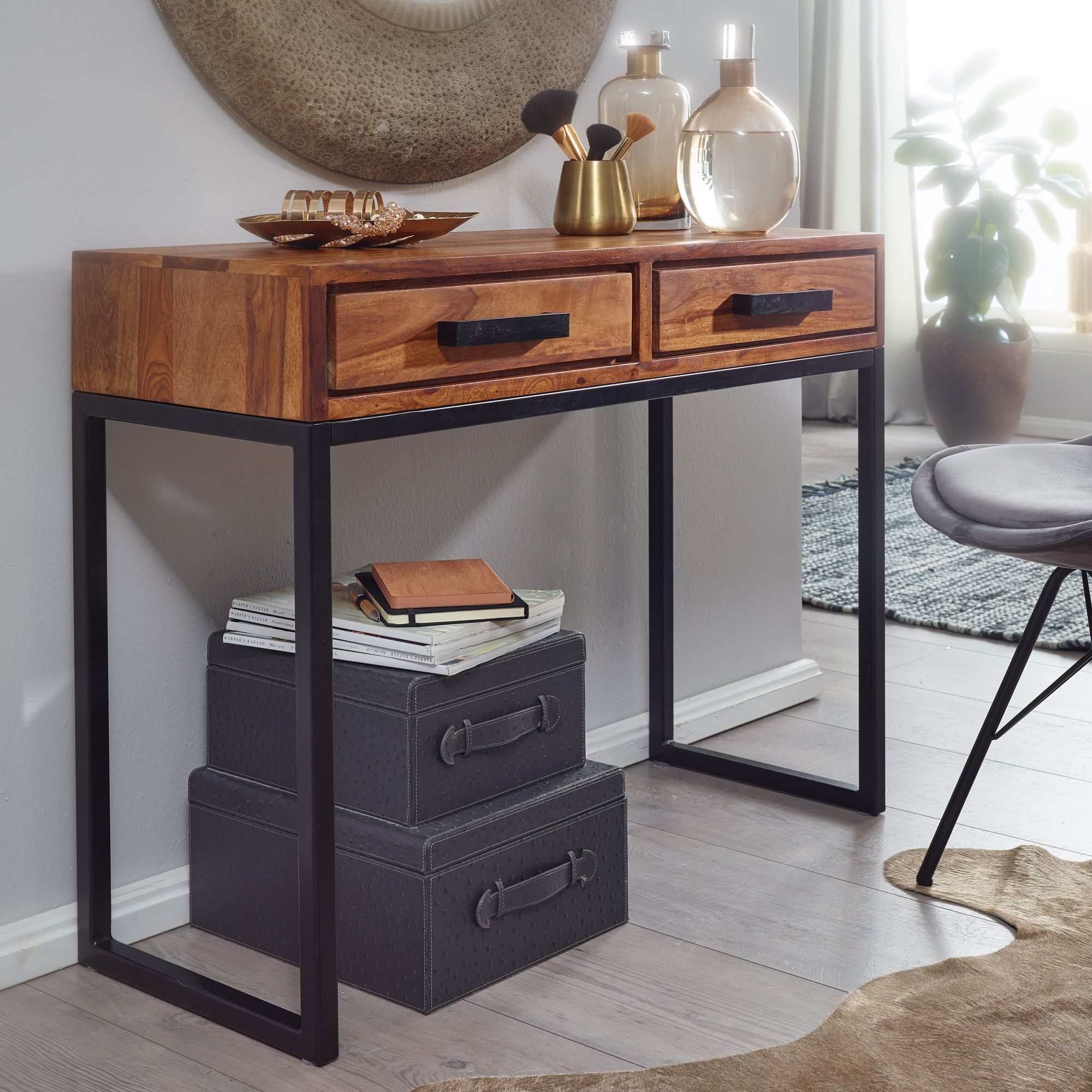Console  sheesham solid wood / metal 90x76x36 cm hall table