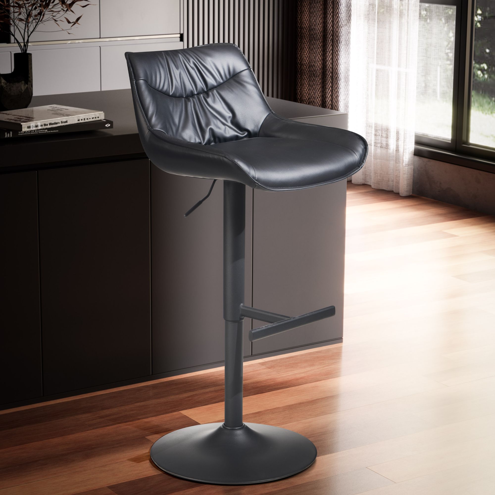 Bar Stool Faux Leather Black | Stool with Backrest | Adjustable Height 86 - 106 cm