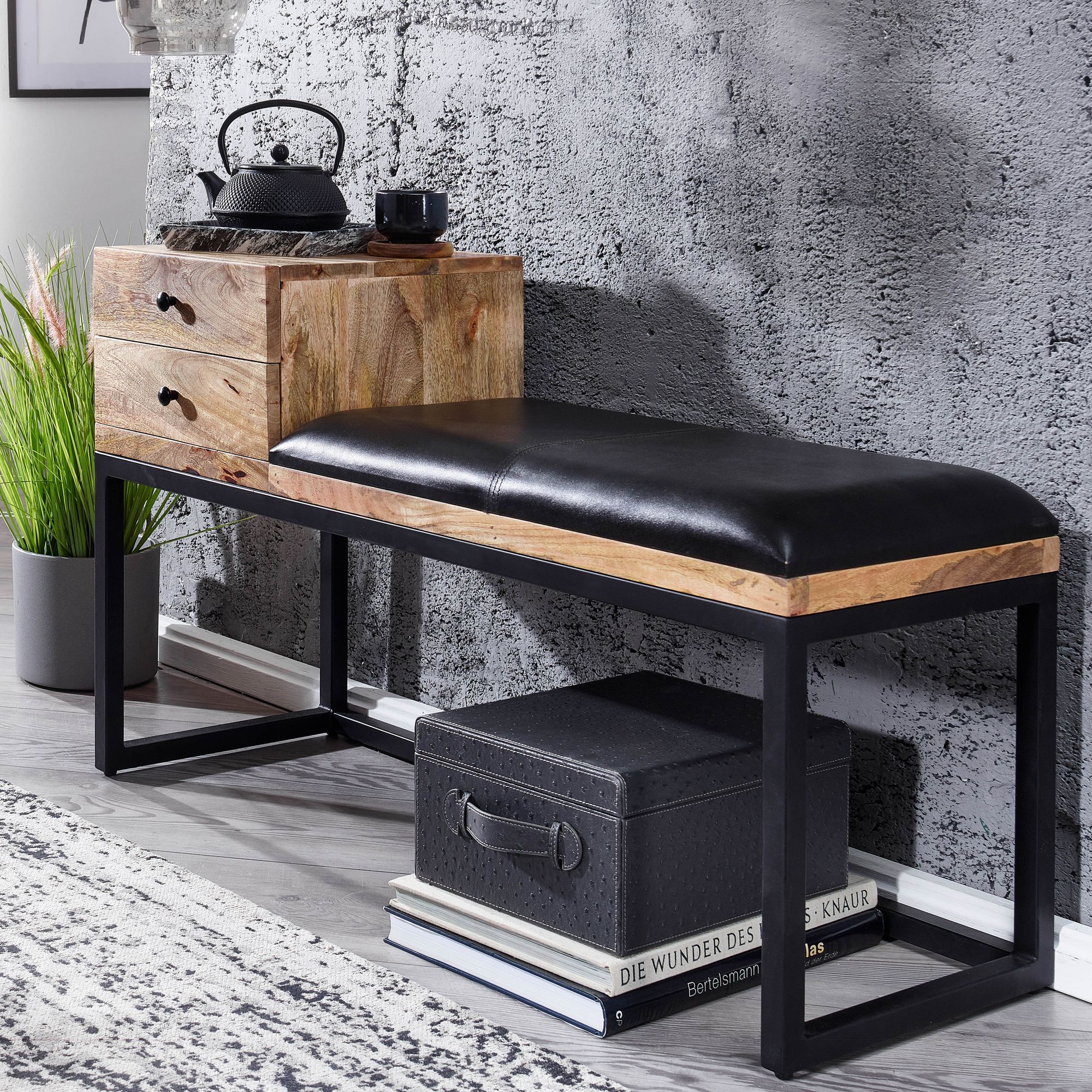 Bench goatskin / solid wood bench 100x60x35 cm in retro style