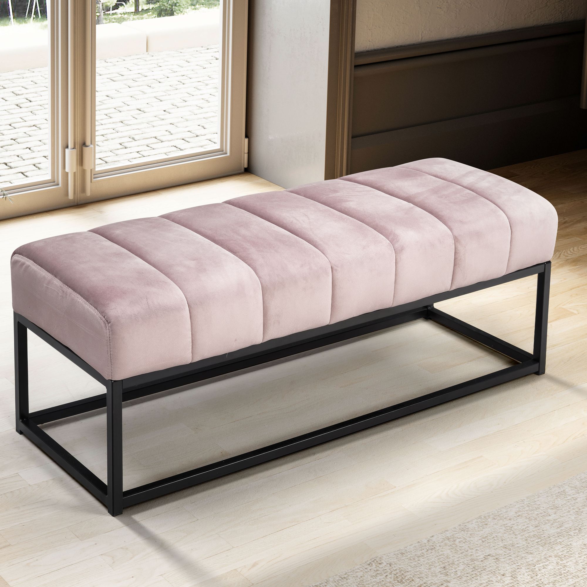 Bench velvet pink 108x40x40 cm hallway upholstered bench with metal frame, designer bed bench bedroom quilted, hallway bench wardrobe bench modern