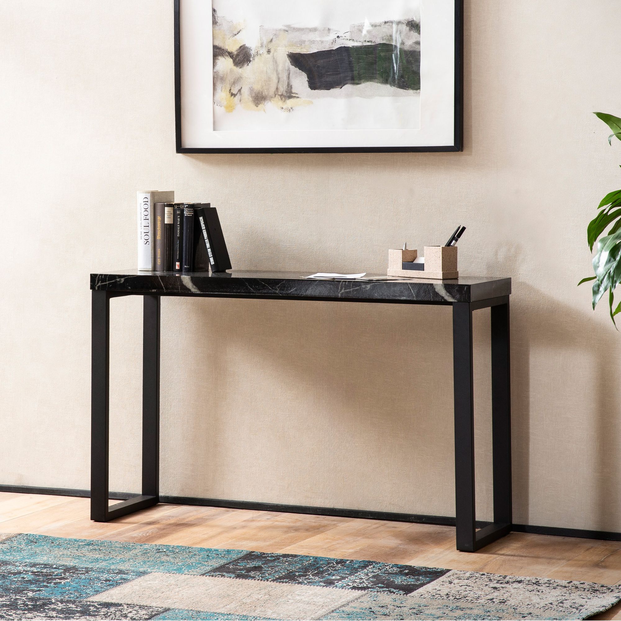 Console table marble look black high gloss 120x40x76 cm design sideboard hallway, narrow storage table, hallway table with metal legs, long high hall table, small desk