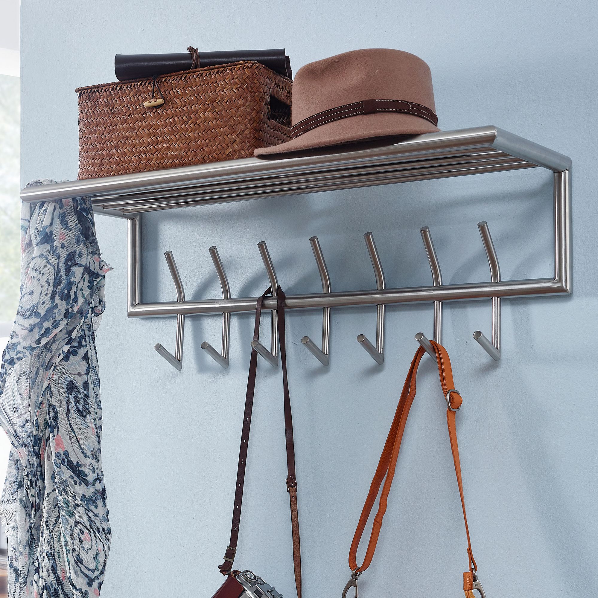 Wall coat rack metal silver 74.5x29x30 cm hallway coat rack with shelf, designer hook rail wall panel steel, coat rack wall with hat rack, coat rack hallway
