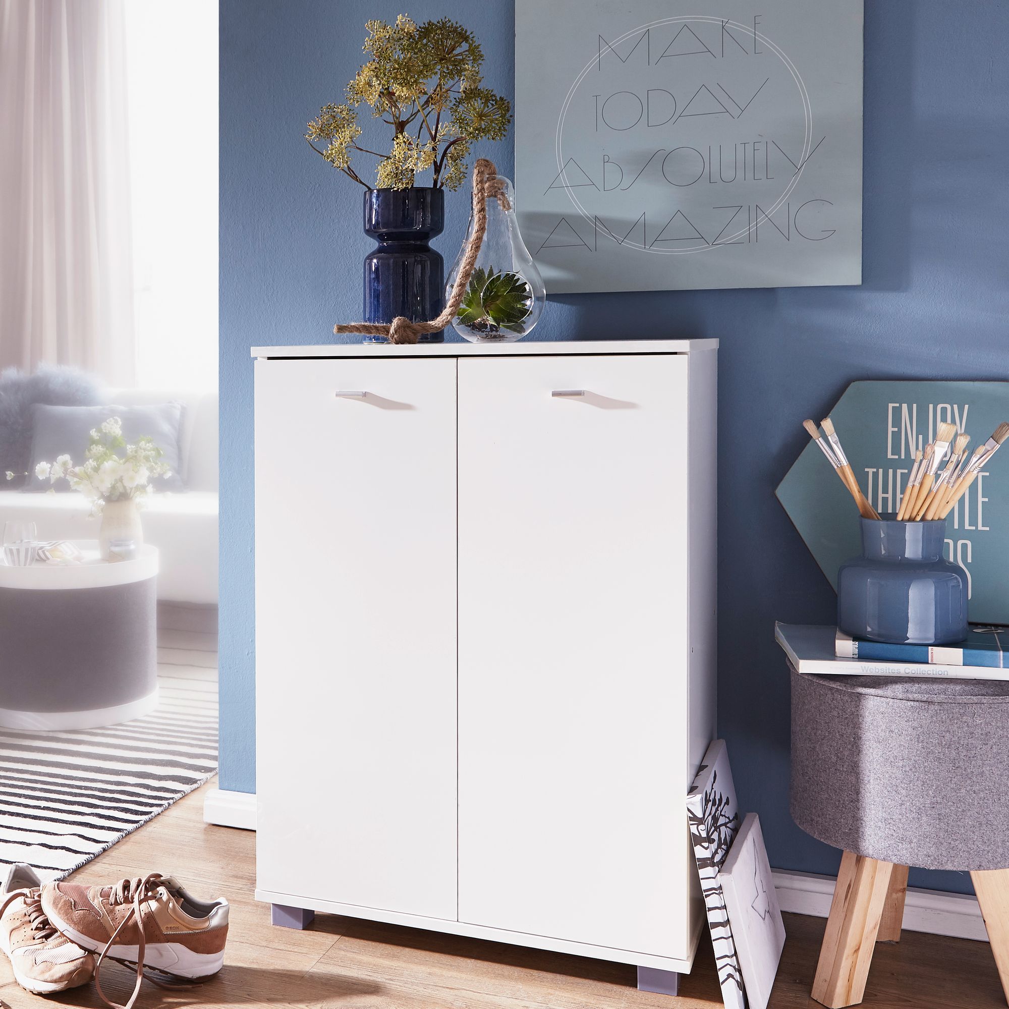 Design shoe cabinet nimes modern wood white 12 pairs of shoes 4 compartments 2 doors