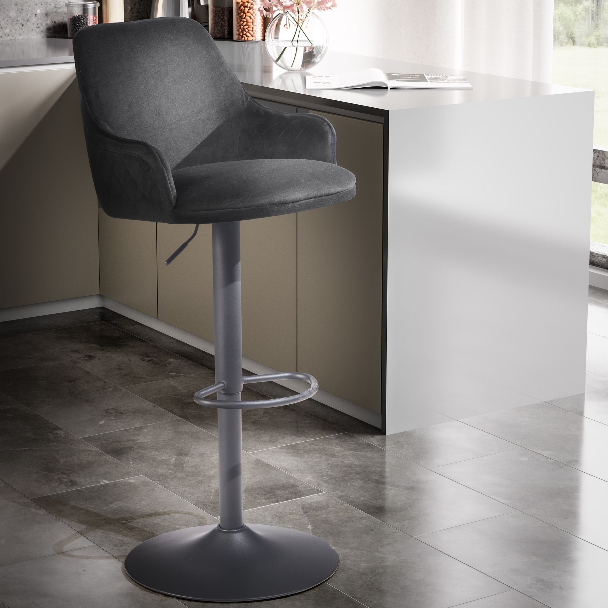 Black Velvet Bar Stool | Metal Trumpet Base | Adjustable Height 86-106 cm