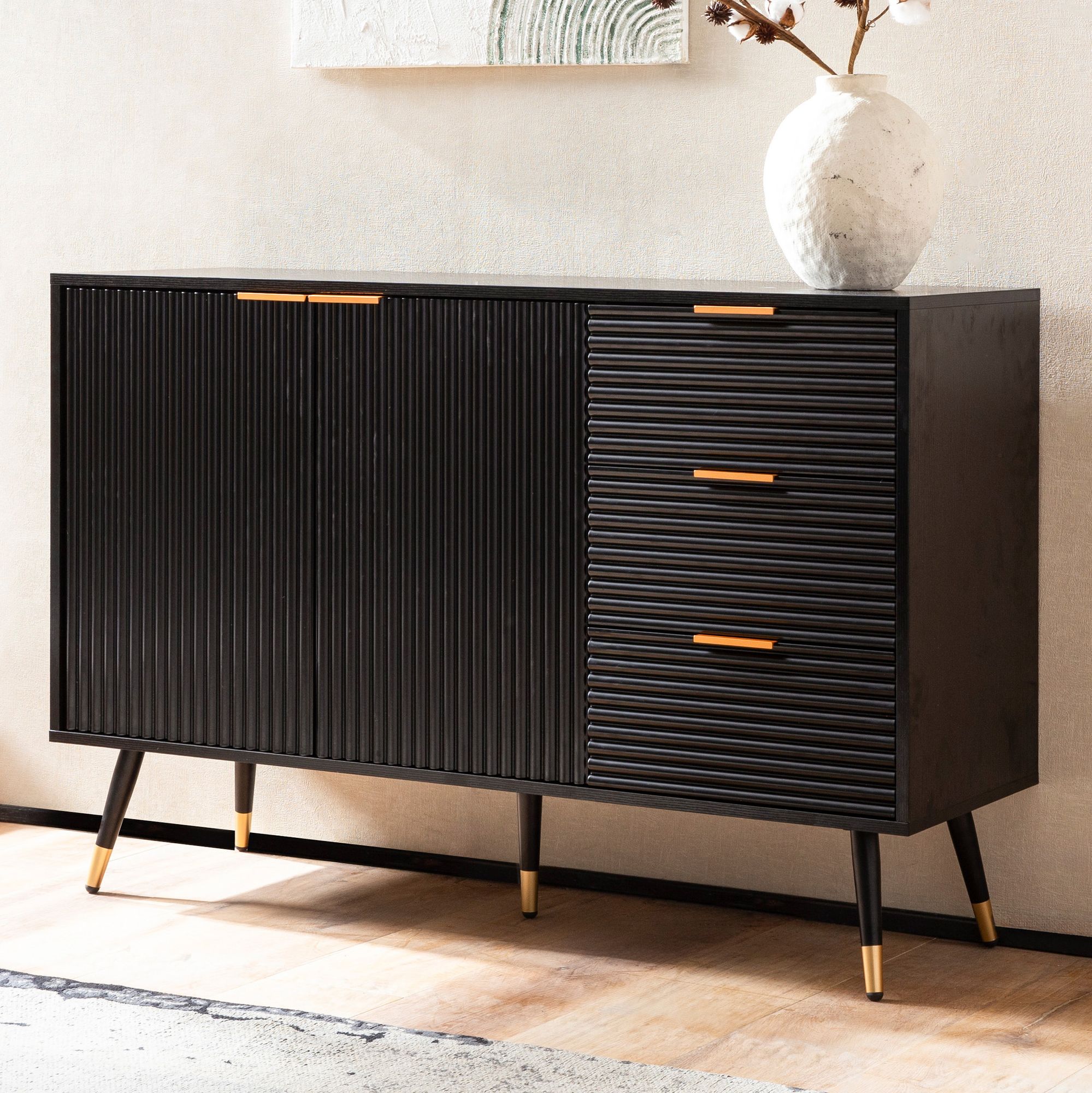 Sideboard 120x80x40 cm sideboard black with oak decor, chest of drawers with doors and drawers, chest of drawers hallway cabinet modern, standing cabinet living room metal legs