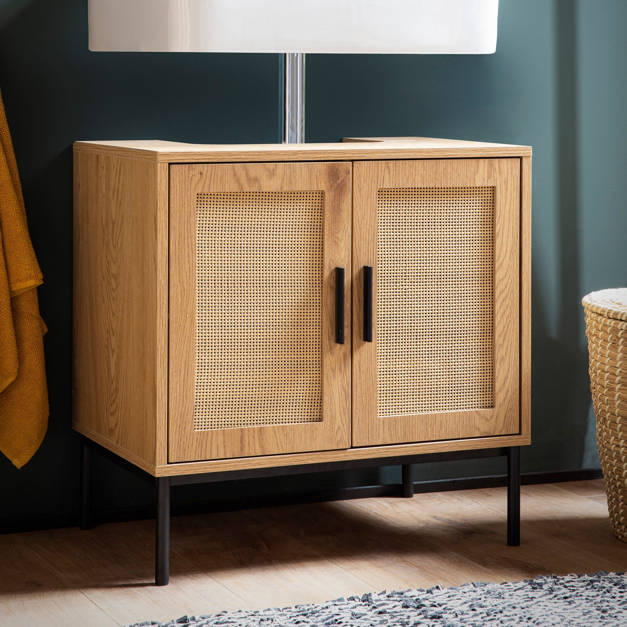 Washbasin base cabinet oak look 60x60x40 cm with doors, bathroom cabinet with rattan weave, standing base cabinet, bathroom cabinet midi cabinet small washbasin