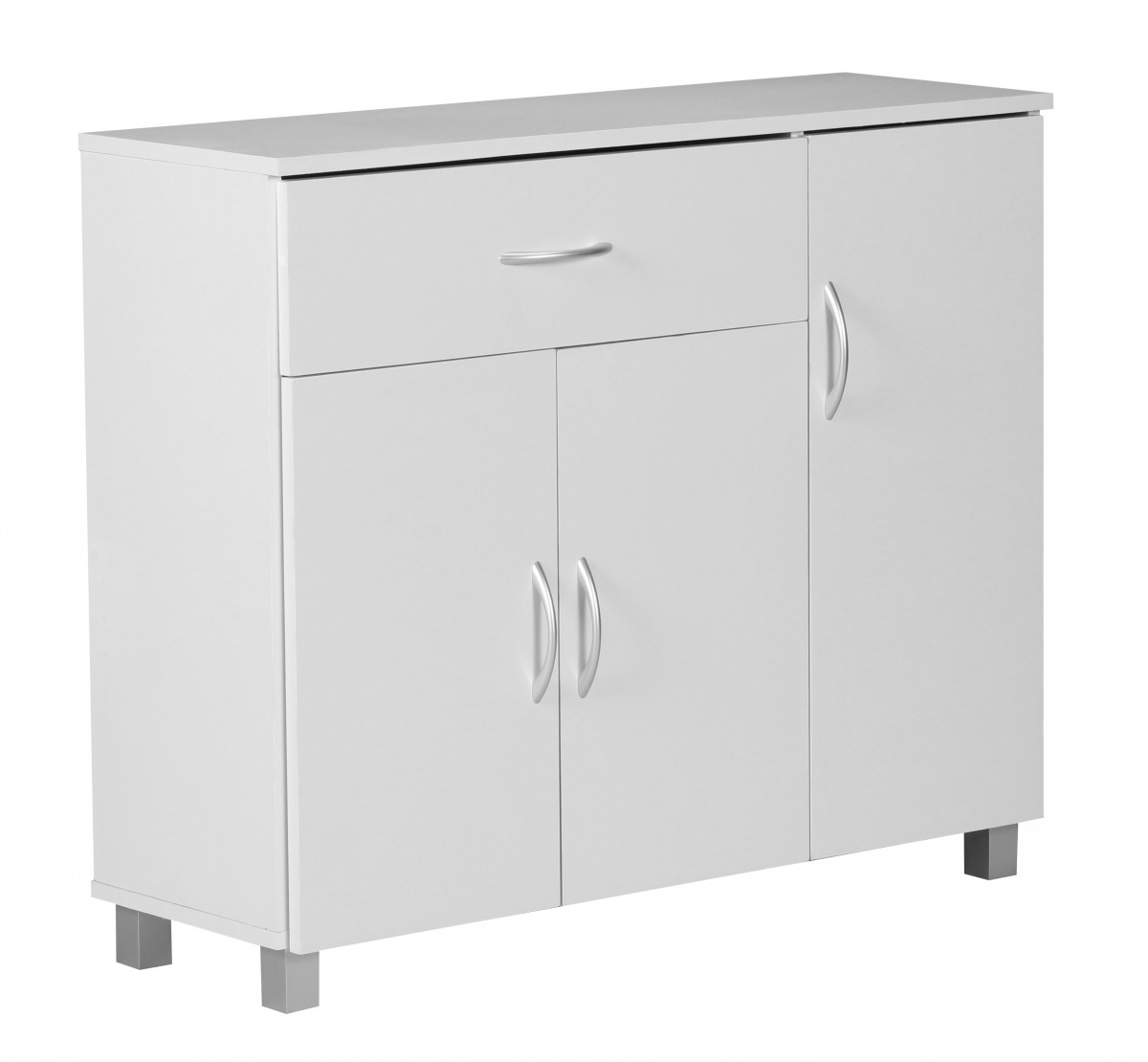 SETE Design Sideboard Matte White 90 x 75 x 30 cm | 1 Drawer & 3 Doors, Grey Aluminum Handles
