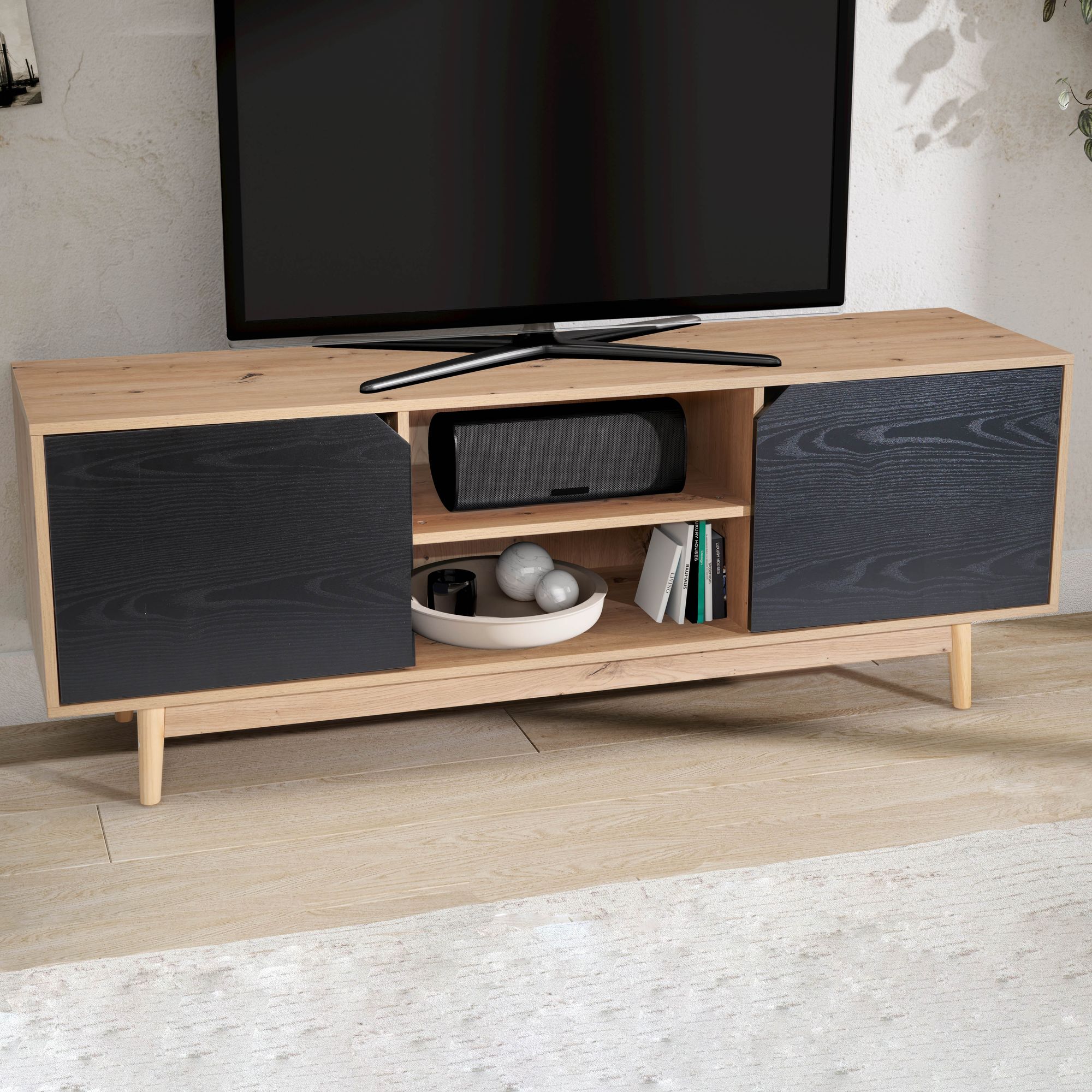 Lowboard oak decor black 150x55x40 cm tv cabinet modern, designer tv cabinet high, tv table tv cabinet with two doors, tv cabinet living room