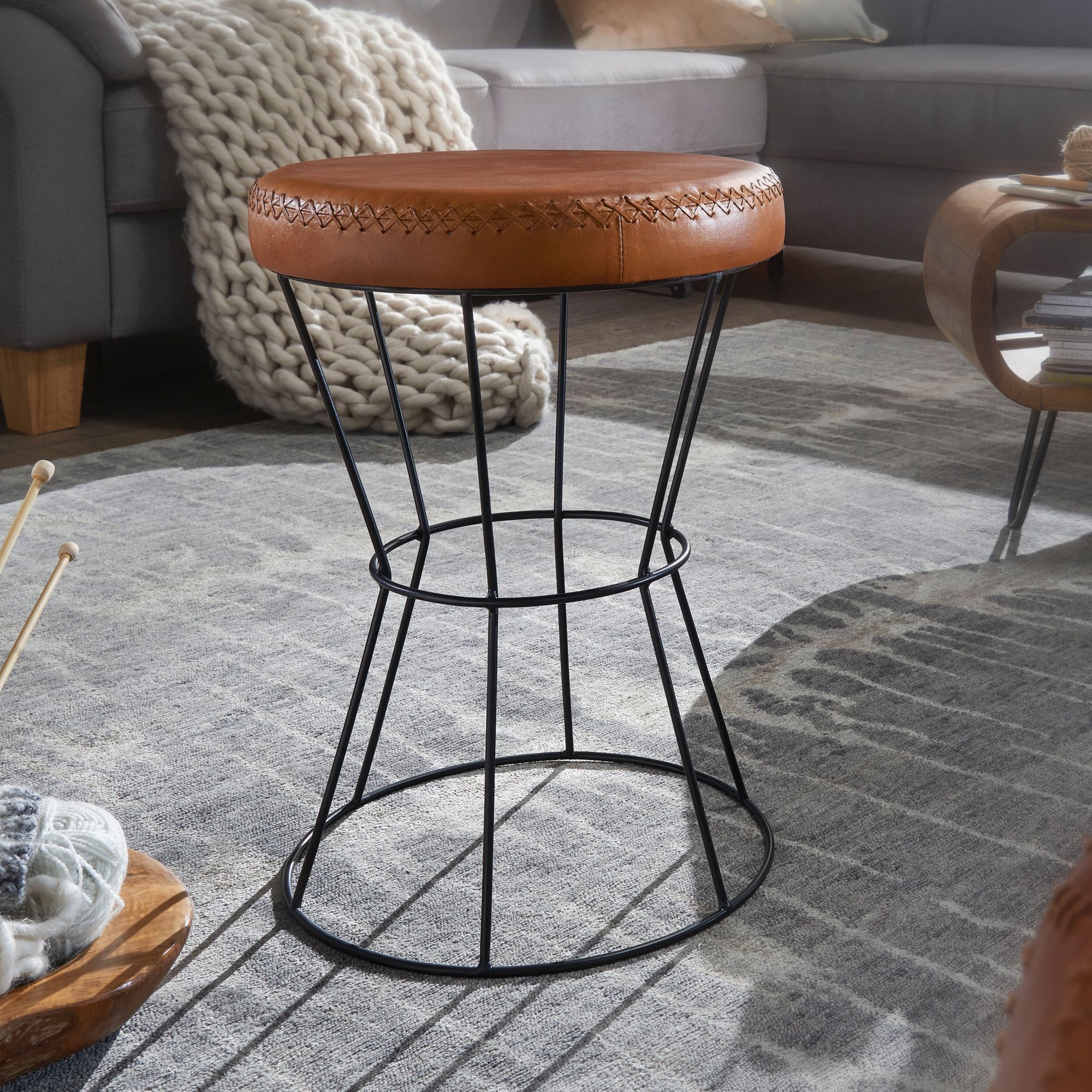 Stool genuine leather / metal 35 x 48 x 35 cm design stool round