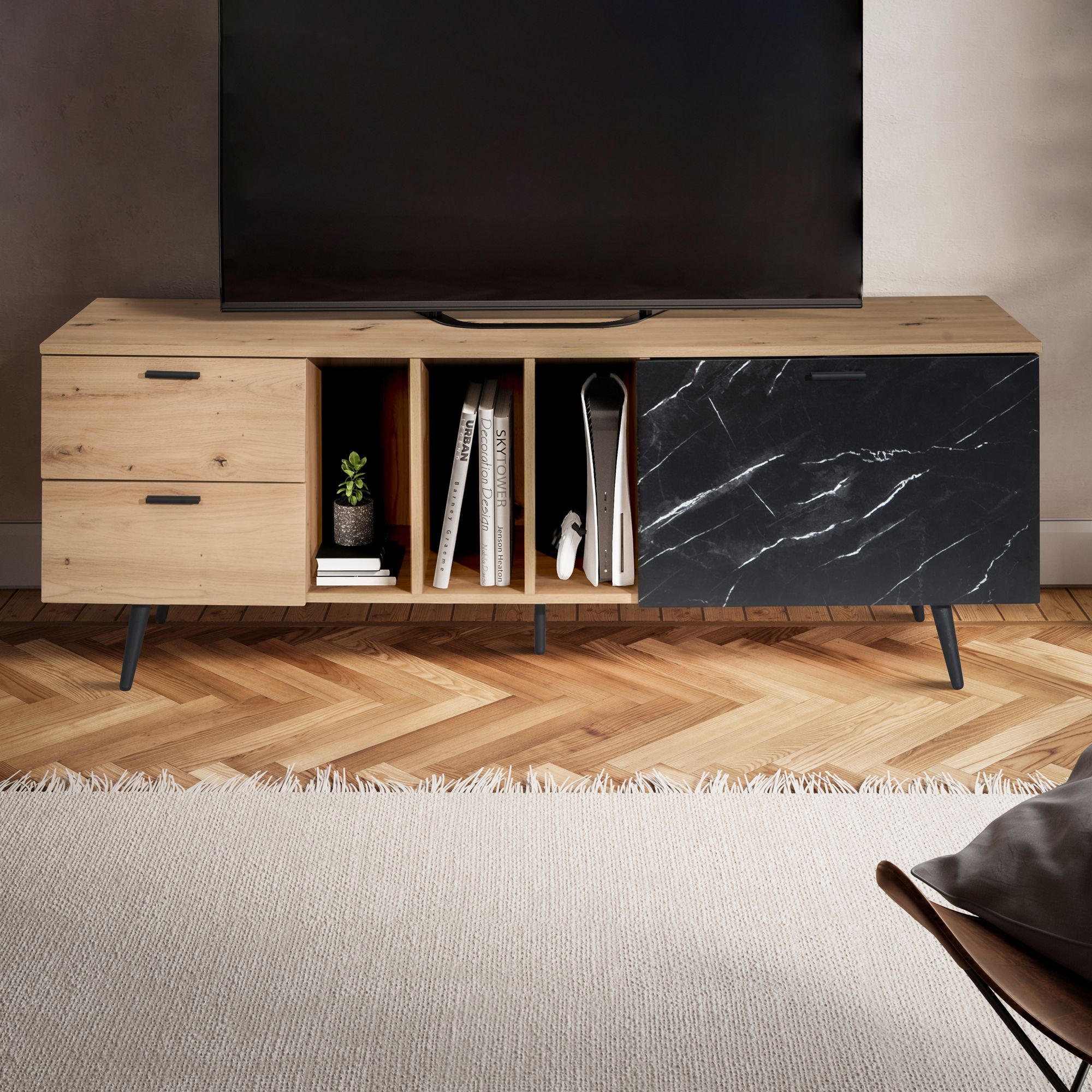 Lowboard oak decor with marble look in black 150x55x40 cm tv cabinet, design tv cabinet high modern, tv table tv cabinet with door & drawer, tv cabinet living room modern
