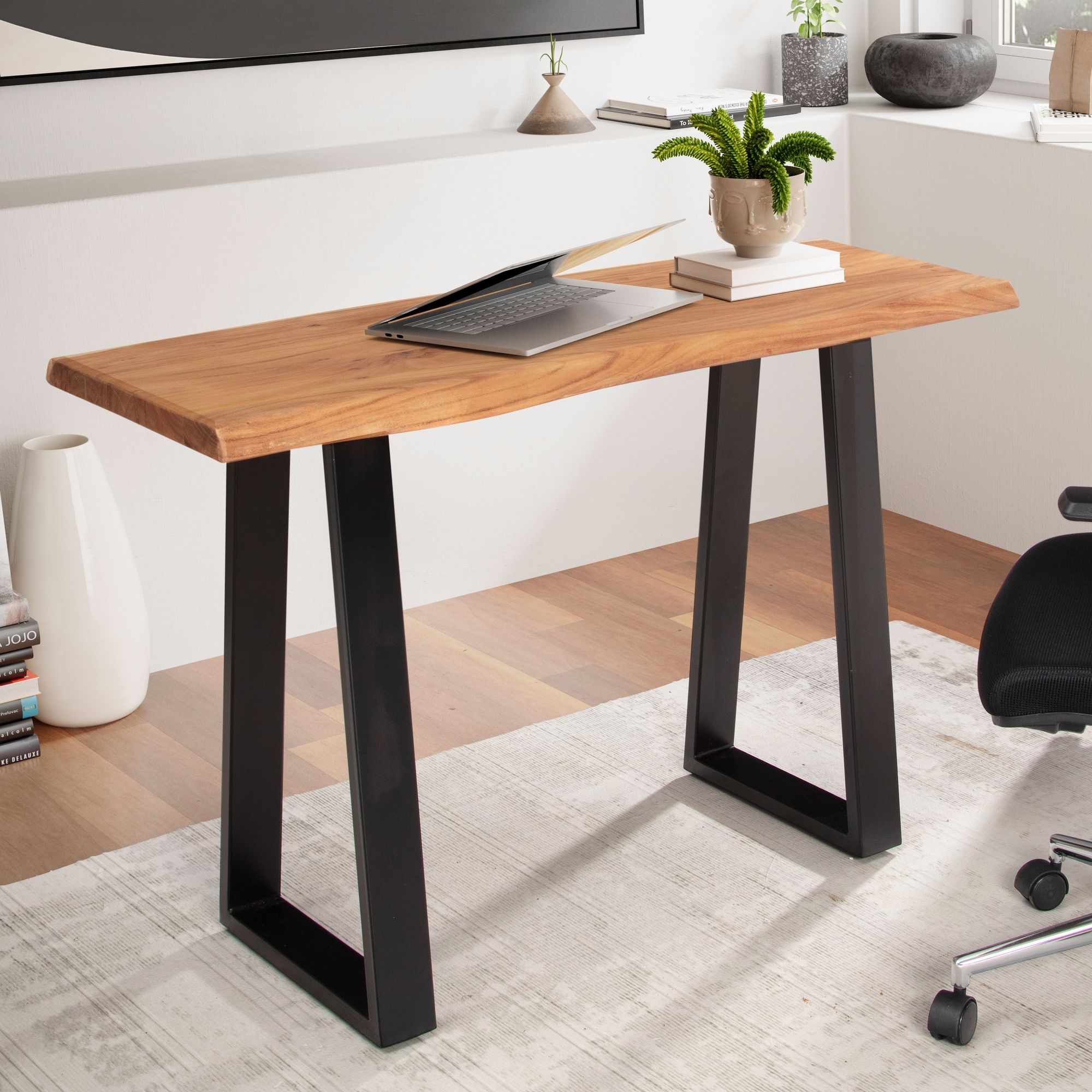 Desk 118x41x76.5 cm acacia solid wood / metal computer table tree edge, home office office table solid narrow, wooden table laptop table study
