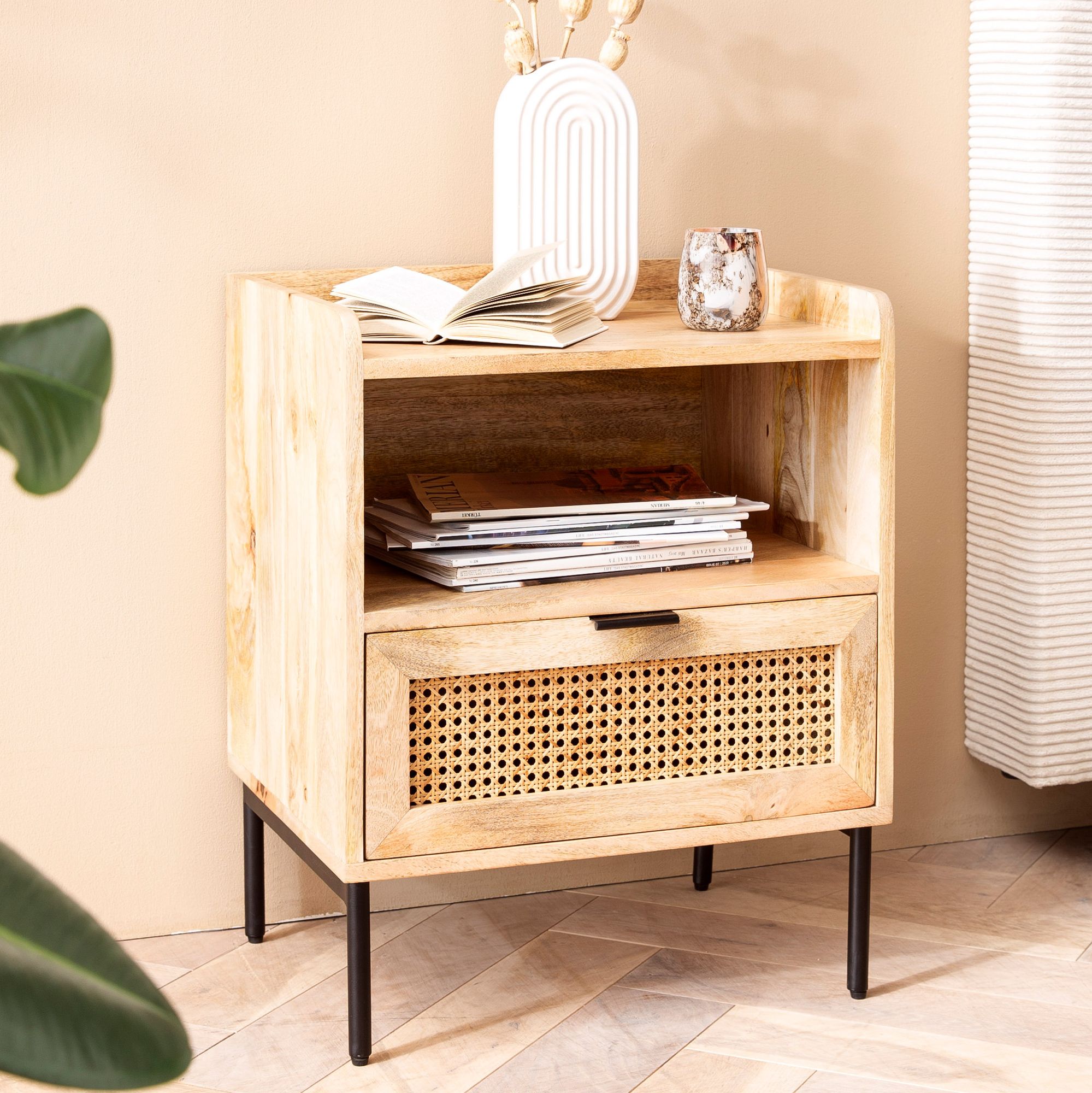 Nightstand Console 50x60x40 cm Mango Solid Wood / Rattan Brown | Bedside Table with Drawer & Metal Frame