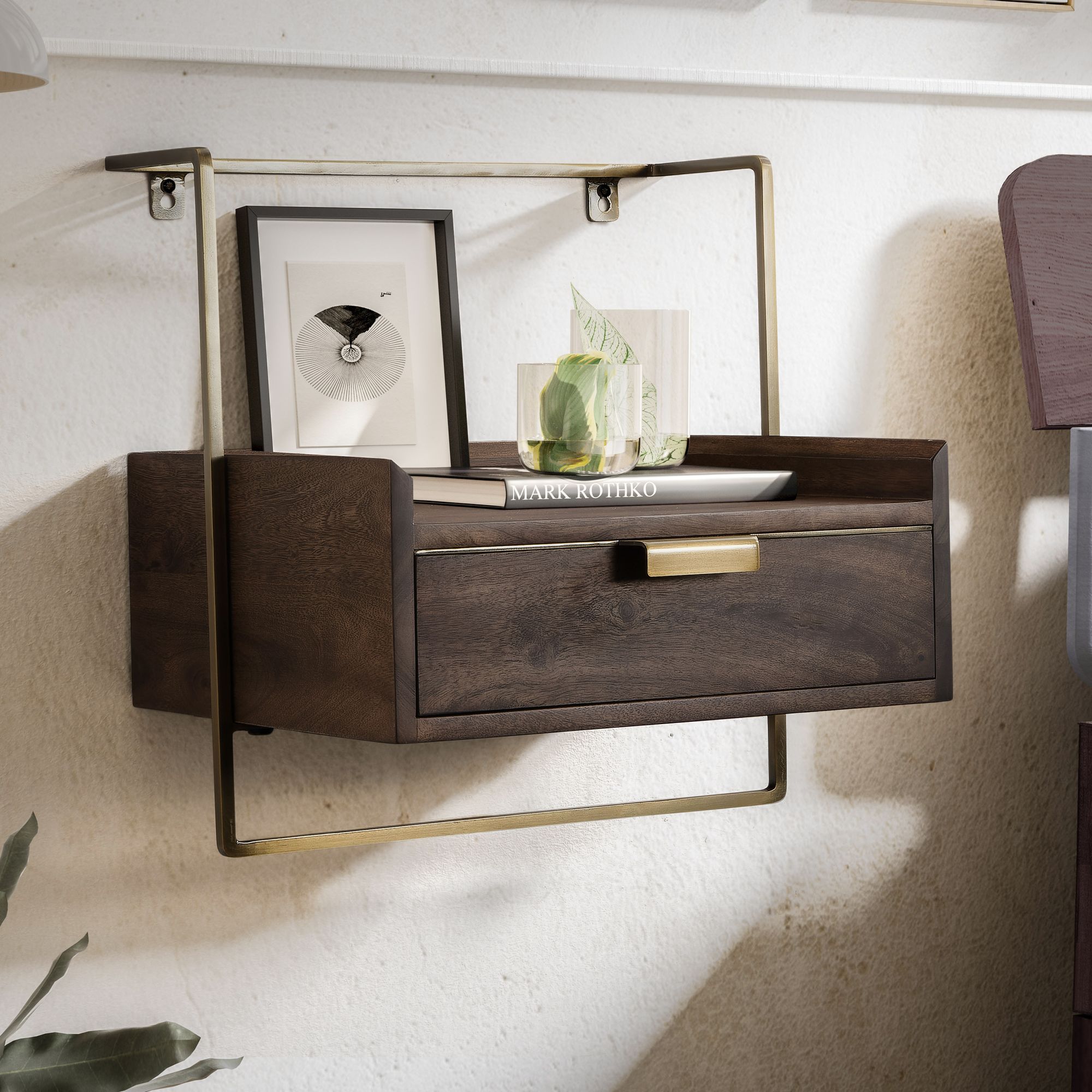 Night console for wall mounting 44x45x35 cm mango solid wood dark brown, bedside table with drawer, floating wall shelf for box spring bed, bedside table hanging