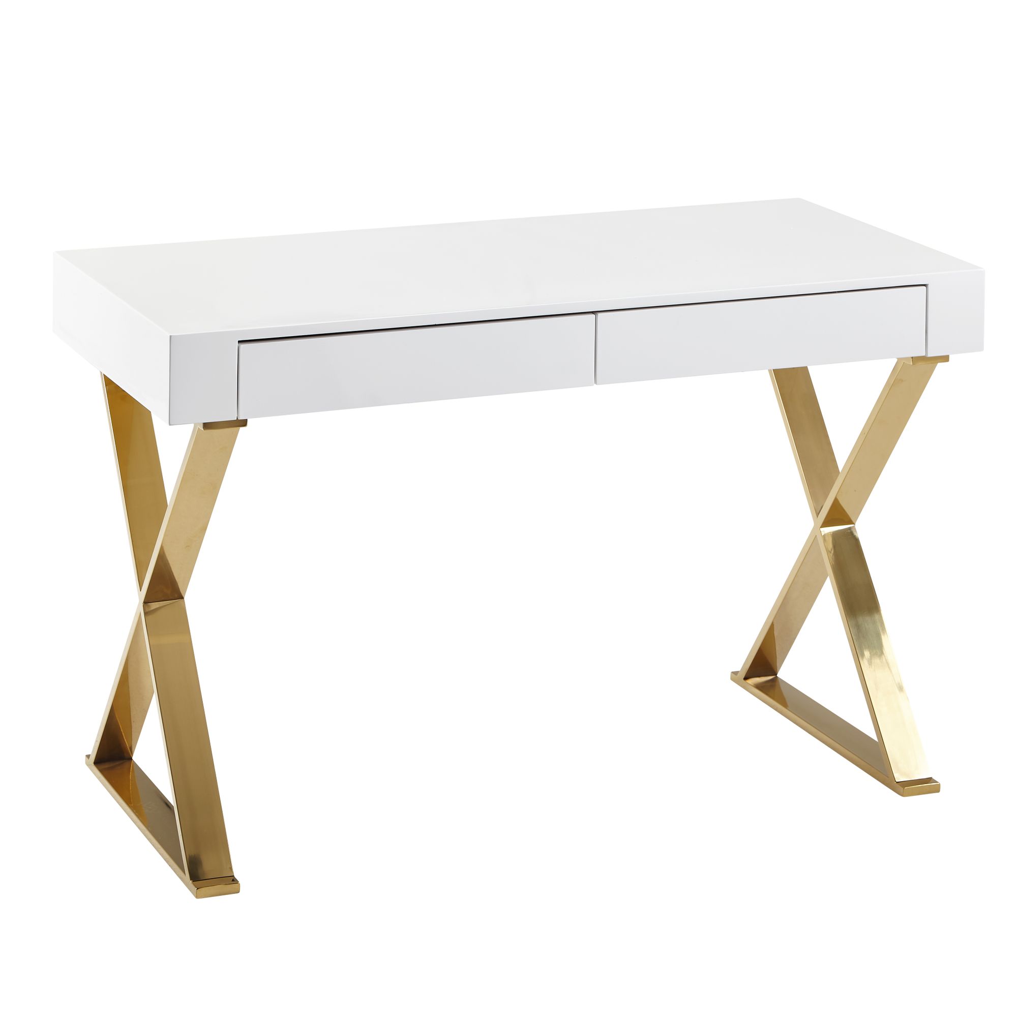 Desk 118x76x57 cm wood high gloss white metal legs golden
